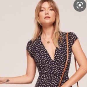 Reformation Navy Floral Wrap Blouse